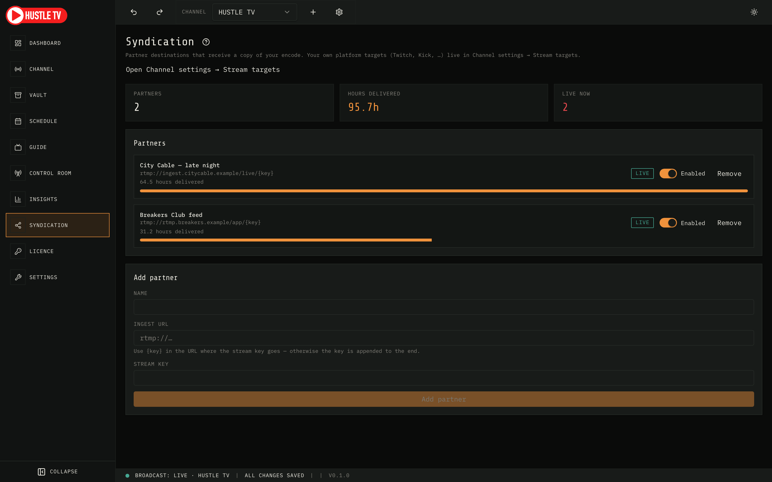 Hustle TV Syndication: partner targets with hours delivered and live health